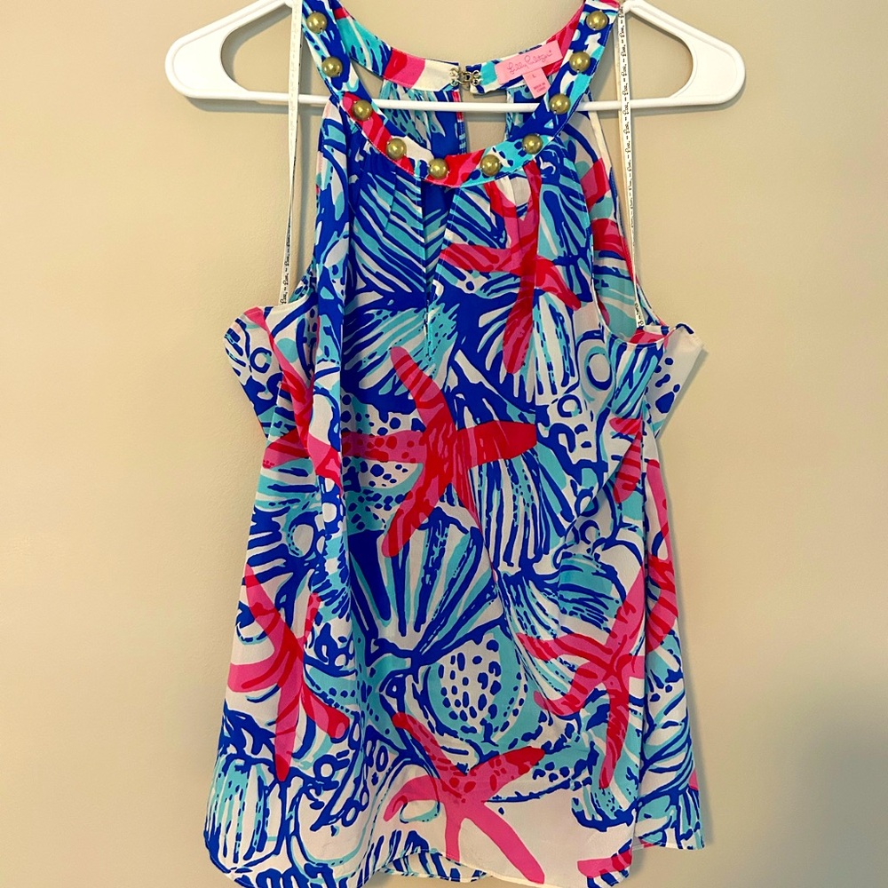 EUC Lilly Pulitzer size large 100% silk sleeveless blouse-HTF starfish print